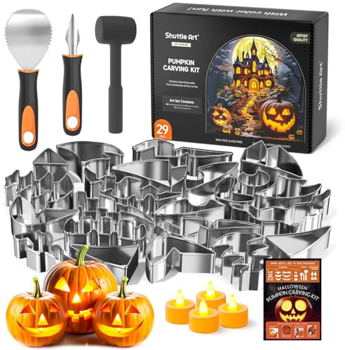 Shuttle Art 29PCS Pumpkin Carving Kit, 22 Stainless Steel Stencils, 4 Electronic Candles, 3 Carving Tools, Halloween DIY