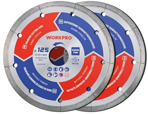 WORKPRO Diamanttrennscheibe 125 x 22,23 mm, 2 Stück Trennscheibe | Extra Dünne Diamant Fliesenscheibe, Diamantscheibe für Keramik Fliesen Feinsteinzeug, zum Trocken- & Nassschneiden