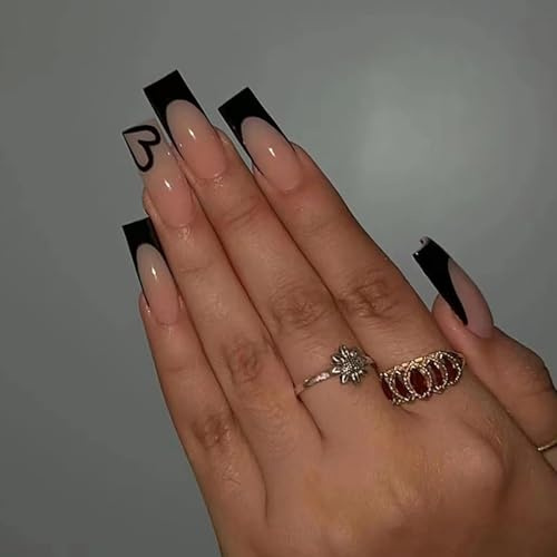 French Tip 24pcs Extra Long Coffin Nails in Black Heart- Full Cover Removable Stick on Glue-on Nails for Women & Girls