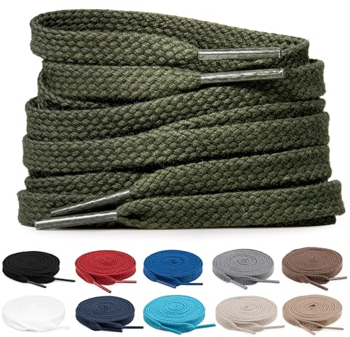 TULMERO 2 par skosnören 100 % bomull – sneakers platta skosnören 8 mm breda platta sneakers Shoelace, ersättning skoband för sneakers, Olivgrön, 150
