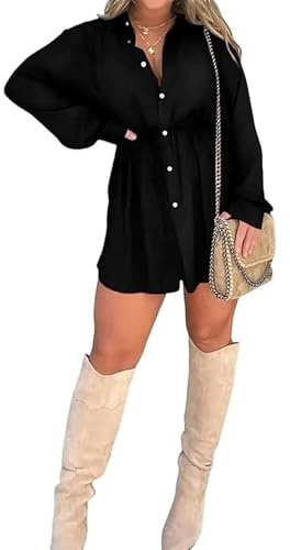 Felcia Women Loose Fit Shirt Dress Casual Satin Nights Romper Dress Long Sleeve Lapel Collar V Neck Button Down Short Silk Dress (Black A, XL)