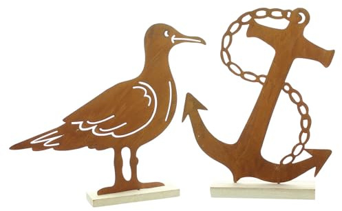 FRANK FLECHTWAREN Rostdeko Anker & Möwe, 2er Set, Metall, Holz Maße: Höhe 25 cm, 26 cm, Maritime Deko,