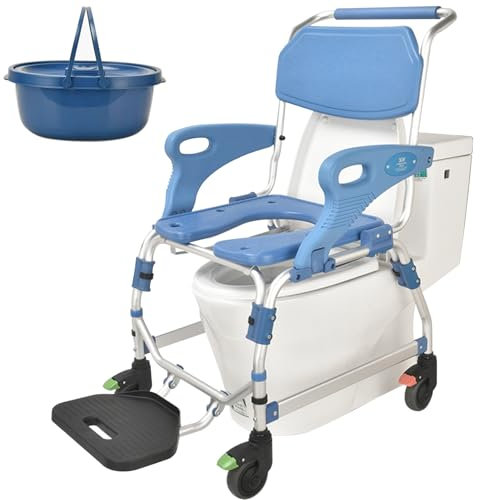 Miuxe Chaise De Douche roulettes Chaise De Transport 3 en 1 Chaise De Douche en Aluminium pour Salle De Bain pour Personnes Âgées Handicapées, Chaise Toilette sur roulettes pour Personnes Handicapées