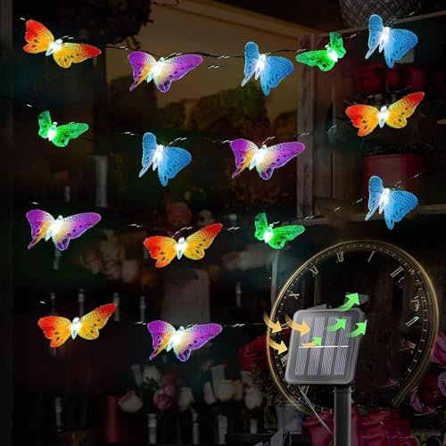Solar Schmetterling Lichterkette,3.5M 10 LED Lichterkette Schmetterling Aussen mit Solarpanel,LED Farbig 8 Modi Auto Ein und Ausschalten,Solar Lichterkette Außen,für Garten,Weihnachten Dekoration