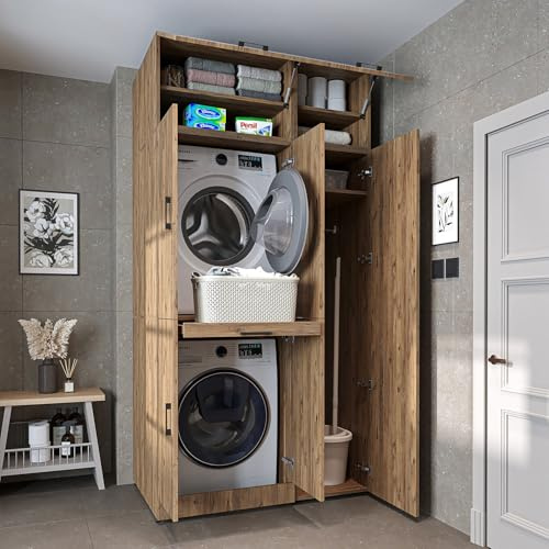 ROOMART Dora - Armoire de machine à laver - Pour sèche-linge et machine à laver - En 4 couleurs - Avec portes et panneau coulissant - Blanc - Chêne blanc - Chêne anthracite - Chêne - 230 cm de haut