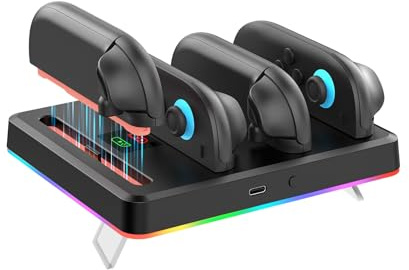 NexiGo Verbesserte Controller-Ladestation kompatibel mit Nintendo Switch 2, Ladestation für Joy-Cons mit Mehreren RGB-Lichtmodi, Tonbenachrichtigungen, LED-Anzeigen, integriertem Ständer