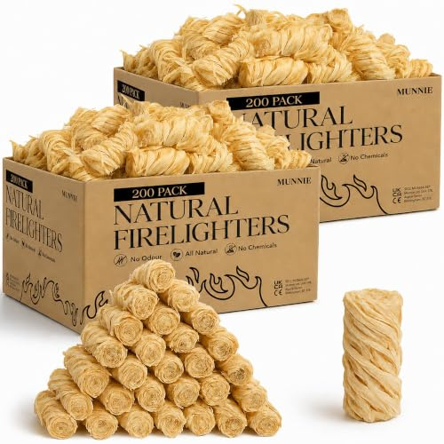 Munnie Natural Firelighters – 400 Eco Wood Wool Fire Lighters for BBQ, Fireplace, Stove, Campfire – Odourless, Fast Lighting, Eco-Friendly Kindling – Long Burn, Non-Toxic, All-Natural Fire Starter