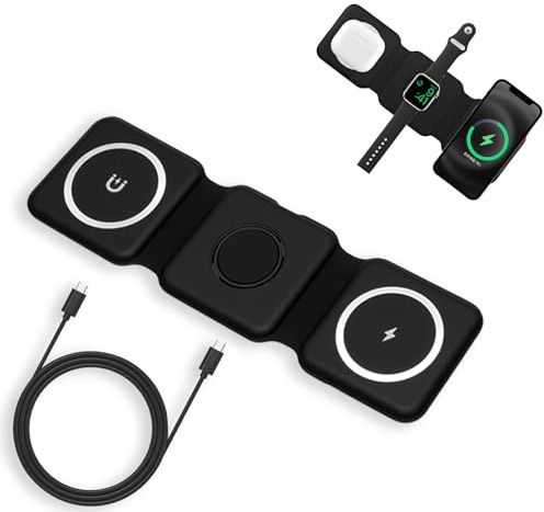 3 in 1 Induktive Ladestation für i Phone 16 15 14 13 12 Serie, Wireless Charger 15W Kabellos mit Magnet, Faltbar Qi Ladegerät für i Watch Ultra 2/10/9/8/SE und Air-Pods Pro/3/2, Kompakt & Reisegeeigne