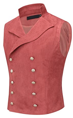 YFFUSHI Gilet in Pelle Scamosciata da Abito per Uomo Doppiopetto Gotico Steampunk Gilet in Velluto da Uomo Cowboy Giacca Senza Maniche, Rosso, XL