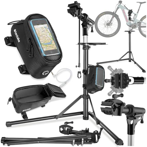 tectake® Set de Support Velo Pieds d'atelier & Sacoche velo, Montage Entretien Reparation VTT Vélo électrique Velo de course, Support pour Outils, Charge max. 50kg Réglable Pliable 108x81x106-169 cm