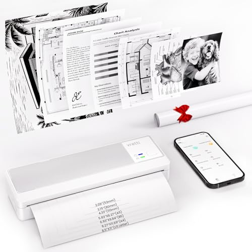 vretti Stampante portatile A4 da viaggio, stampante termica A4 compatibile con Android e iOS, supporta carta termica A4 210 x 297 mm, per casa, ufficio