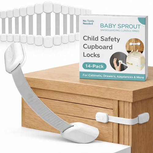 Cupboard Locks for Children (14 Pack) - Baby Proof Cupboard Locks, Child Locks for Kitchen Cupboards, Baby Proofing Cabinet Locks & Drawer Locks, No Drill 3M Adhesive, White - BABY SPROUT®