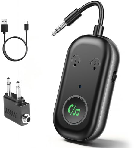 Transmisor Receptor Bluetooth 2 en 1, Adaptador Bluetooth 5.3 Jack 3.5mm para Avión, Coche, TV y Auriculares | Doble Conexión AirPods, 16h Autonomía, Carga Rápida USB-C, Compatible con Altavoces y