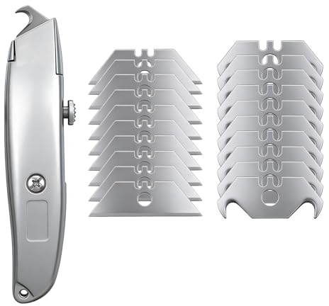 Profi Teppichmesser Schneidwerkzeug Set, Heavy Duty Schneidwerkzeug 10 hakenförmige Ersatzwerkzeuge und 10 trapezförmige Ersatzwerkzeuge, für Teppich, PVC, Dachdecker und Zimmerer