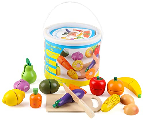 Wondertoys Wooden fruit Vegetables Cutting Set Wood Food Pretend Kitchen Playset Learning Toy for 3 4 5 Years Old Kids (14Pieces)