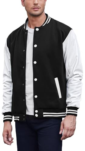 COOFANDY Mens Fashion Varsity Jackets Leather Sleeve Slim Fit College Baseball Letterman Bomber Coat Black/White Small