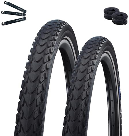 2 x Schwalbe Marathon Mondial Fahrradreifen RaceGuard Pannenschutz mit Reflexstreifen 50-559 (26 x 2,00) + 2 Schwalbe AV13 Schläuche inkl. Reifenheber