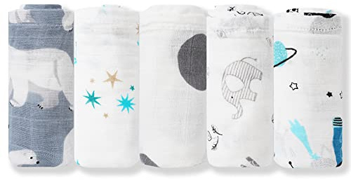 norinori Lot de 5 chiffons carrés en mousseline pour bébé - 60 x 60 cm - 100 % pur coton - Super doux et respirant - Cadeau idéal pour une fête prénatale