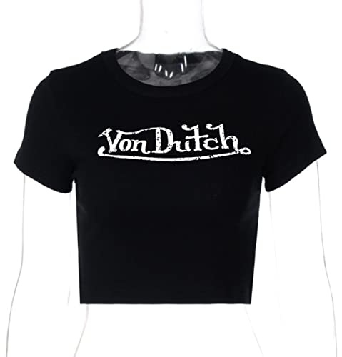 YOND Mujer Verano Vintage Calle Harajuku Carta Moda Gótico Manga Corta Recortado Top Corto Sexy Top Femenino Y2K Ropa tee-Black,S