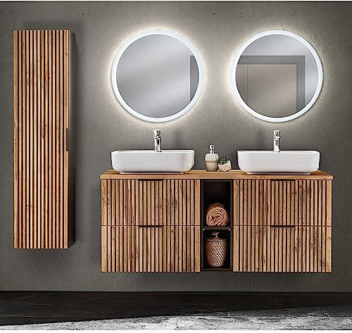 Lomadox Ensemble de meubles de salle de bain - Double vasque avec étagère - 141 cm - Lavabo en céramique - Éclairage miroir anthracite - Chêne anthracite Nb. MDF - Rainures noires