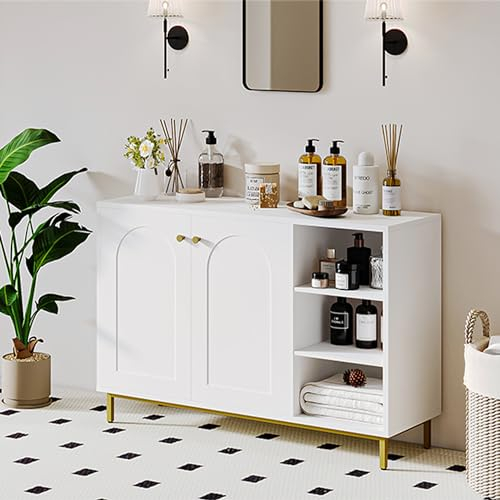 Hzuaneri Meuble de Salle de Bain, Meuble de Rangement, Armoire Salle de Bain, Placard Rangement avec 2 Portes, avec Compartiment Ouvert, Meuble Bas Rangement, Salle de Bains, Le Salon, Blanc SC10203G