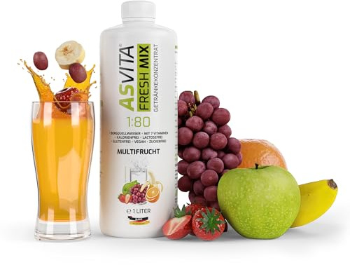 AsVita Getränkekonzentrat Fresh Mix 1:80-1 Liter Flasche - Getränkesirup ohne Zucker - 26 leckere Sirup Geschmacksrichtungen (Multifrucht) für Wassersprudler