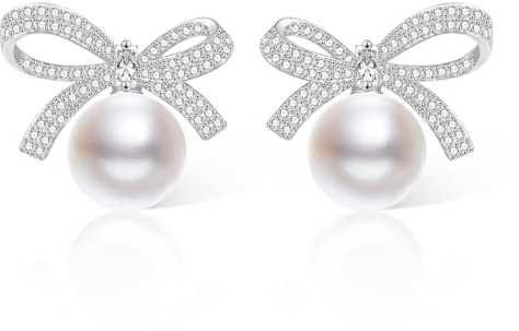 ALEXCRAFT Pendientes de Plata Pendientes Pequeños para Mujer, Pendientes de Plata 925 Hipoalergénicos Pendientes Pequeños de Lazo y Perlas Pendientes Colgantes de Perlas con Circonitas, 1-Argento