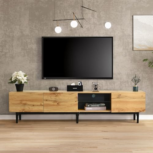 HYUB TV-Schrank für unter 75-Zoll-Fernseher Landhausstil, TV Boardmit viel Stauraum, Retro TV Sideboard, Lowboard mit 3 Türen und Offenes Ablagefach, Fernsehschrank für Wohnzimmer, Holzfarbe