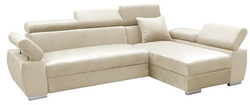MEBLE-LUX - Ecksofa OTTO, Eckcouch mit Schlaffunktion, Federkern, Verstellbare Kopfstützen, Einfacher Klappmechanismus, Bettfunktion, Zusätzlicher Stauraum, Plüsch Beige, Rechts