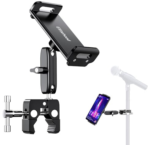 elitehood Aluminium Tablet Halterung – Klemmhalter für Mikrofonständer | Verstellbarer Doppelkugelkopf iPad Halterung Mikrofonständer, Starke Tablet Halter für Rollstuhl, Kinderwagen, Boot