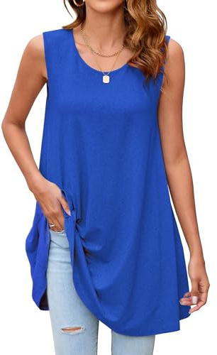 Enmain Canotta Donna Estiva Lunga Taglie Forti Canottiera Top Donna Magliette Tunica Senza Maniche Maglia Lungo per Leggings Blusa Blu Reale 2XL