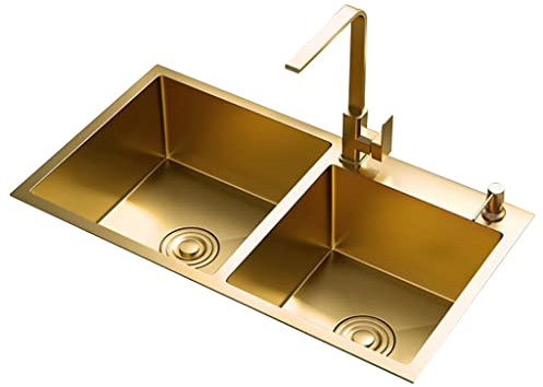 CRBUDY Küche Große Kapazität Küchenspüle Gold Arbeitsplatte Eingebaute Spüle Küche Doppelwaschbecken Spülbecken Haushaltsspüle Aus Edelstahl 304 (Farbe: Gold, Größe: 78 * 43 * 21 cm) (GOL