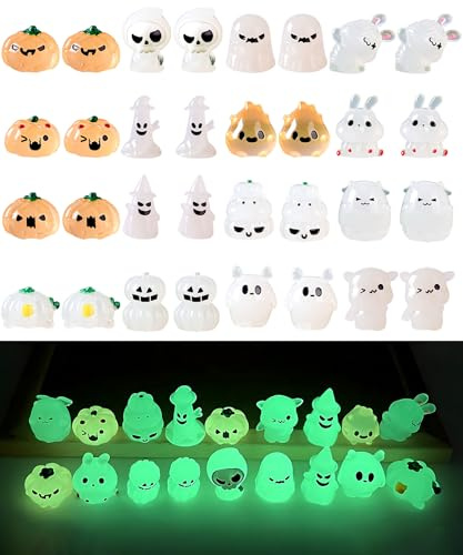 Select Zone Lot de 32 mini animaux lumineux fantôme d'Halloween en résine - Décoration dans l'obscurité - Figurines miniatures colorées pour décoration de jardin, scènes de micro paysage DIY