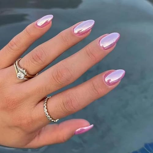 JUSTOTRY 24 Stück Aurora Nägel Zum Aufkleben Kurz,Pink Einfarbig Mandel Press on Nails Muster,Glossy Oval Kunstnägel Fake Nails Mittel,French Fingernägel Künstliche Nägel für Frauen