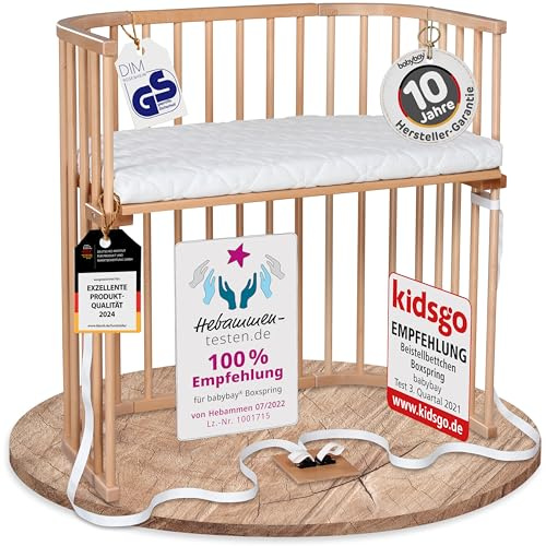 babybay Boxspring Beistellbett aus massivem Buchenholz/kompakt & verwandelbar/Kinderbett Höhe stufenlos verstellbar & umweltfreundlich/mitwachsendes Babybett (Natur lackiert) / inkl. Matratze