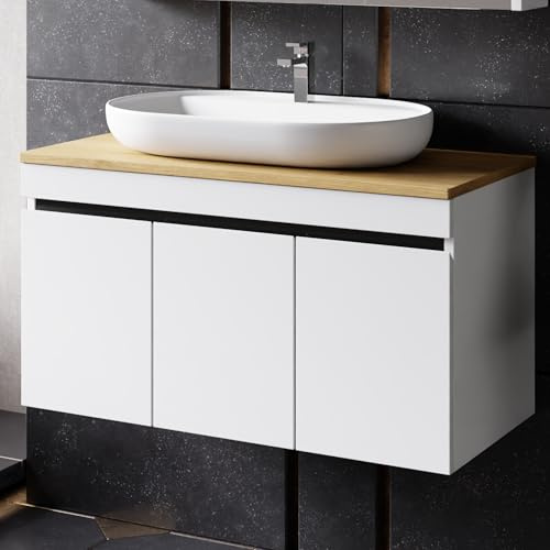 Karen Waschtisch mit Unterschrank Venus Weiß | Keramikwaschbecken | Unterschrank | Badmöbel | Aufsatzwaschbecken | Konsolenwaschtisch | Moderner Stil | Badezimmer (Venus 100 mit Konsole Eiche)