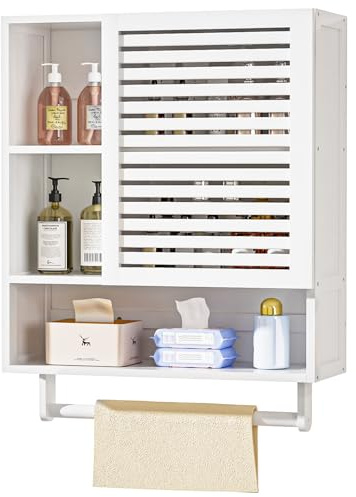Yorbay Badezimmerschrank Hängend, Bambus Wandschrank mit Handtuchstange und Offenem Fach, Platzsparender Medizinschrank mit Einzeltür für Bad und Küche, 20 x 56 x 70 cm (Weiß)