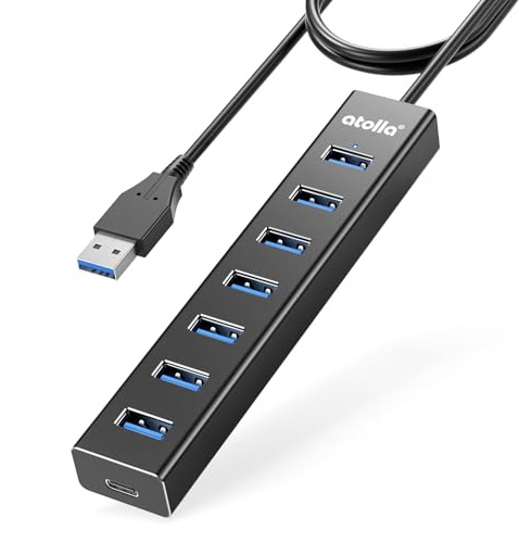 USB 3.0-hubb med 7 portar med 100 cm förlängningskabel, atolla USB-A multiportadapter med multidataportar, USB 3.0-förlängning för bärbar dator, PC, kompatibel med alla USB 3.0/2.0/1.0-enheter