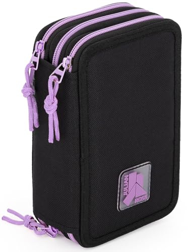 Julian Ross Plumier Triple 45 Piezas – Estuche Escolar Completo con Bolígrafos Gel Borrables, Lápices 4.0 mm, Rotuladores, Tijeras, Pegamento – Ideal Primaria y Regalo – Negro y Morado