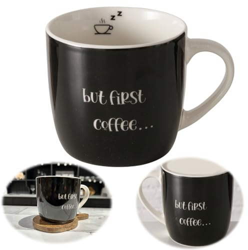 LS-LebenStil XL Jumbo Kaffeebecher 420ml Spruch First Coffee Schwarz Weiß Henkelbecher Kaffeetasse der perfekte Kaffee-Pott Riesen-Becher Henkel-Becher für Kaffee Milchkaffee Cappuccino Geschenk