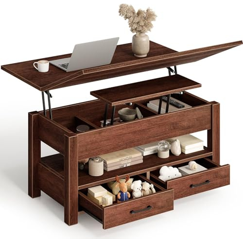 Rolanstar Mueble de Centro de Salón Ajustable en Altura con 2 Cajones, Mesa de Salón de 100 x 50 cm de Madera, Económico en Espacio y Fácil de Montar para Dormitorio, marrón Oscuro