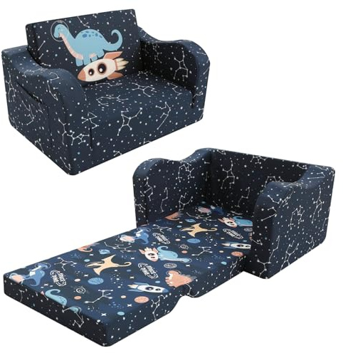 MeMoreCool Kids Sofa, Foldable Comfy Toddler Chair for Toddlers 1-3, Fold Out Couch 2-in-1 Sofa Bed, Baby Lounge ArmChair for Boys & Girls, Space Dinosaur Pattern