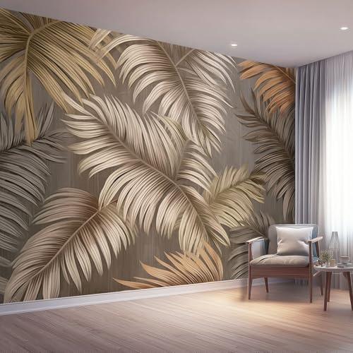 Papel Pintado Pared Panorámico 300 x 210 cm Papel pintado no tejido, Tamaño personalizado, Moderno y elegante planta hojas de palma Papel Pintado 3D Gris pardo Para Salón Dormitorio Decoración