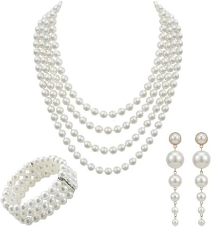 DAVBNM 3 Pcs Faux Pearl Set Artificial Pearl Necklaces Earrings Bracelet Jewellery Set, Pearls Long Dangle Earrings 3 Row Stretch Pearls Bracelet 1920 Necklace Jewelry for Party Prom Wedding Festival