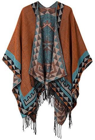 Urban GoCo Donna Poncho Cape Sciarpa Geometria Stampa Addensare Caldo Poncho Mantella Cardigan con Nappa Autunno Inverno (#5 Arancione)