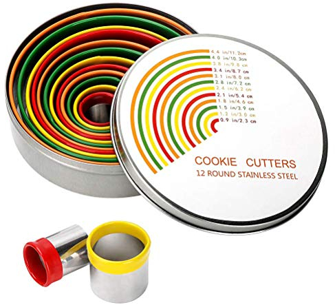 Alimat PluS Round Cookie Biscuit Cutter Set - 12 Pack Pastry Cutters in Graduated Sizes for Donut, Dough, Fondant, Clay - Stainless Steel Circle Cutter Cake Ring Molds with Colorful Rubber Coating