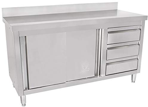 Beeketal 'BAS140-60R' Gastro Edelstahl Küchenschrank mit 3 Schubladen (rechts), 2 Rolltüren und 4 verstellbaren Standfüßen, Küchen Arbeitsplatte mit 10 cm Aufkantung - (L/B/H) ca. 1400 x 600 x 950 mm