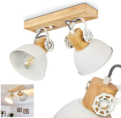 HOFSTEIN Deckenleuchte Orny, verstellbare Deckenlampe aus Metall/Holz in Weiß/Naturfarben, moderne Leuchte im Industrial/Retro/Vintage-Design, 2 x E27, Wohnzimmer, Esszimmer, Schlafzimmer, Küche
