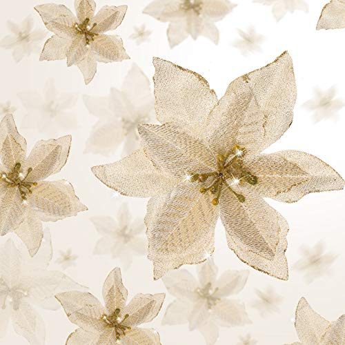 Lot de 36 Fleurs de Poinsettia artificielles à Paillettes - 3 Tailles - étoiles de Noël - Décoration pour Noël, Nouvel an, Maison, extérieur (doré, 10 cm / 15 cm / 22 cm)
