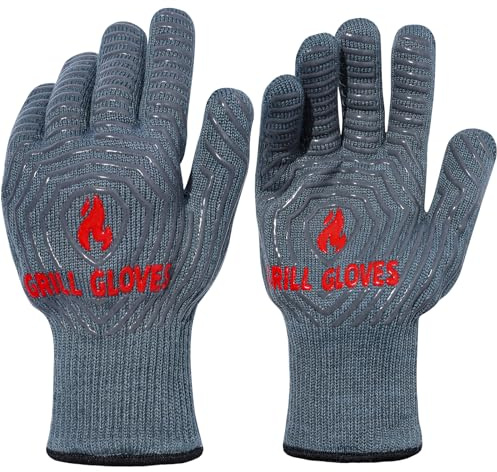 QUWIN BBQ Gloves, Oven Gloves 1472℉ Extreme Heat Resistant, Grilling Gloves Silicone Non-Slip Oven Mitts, Kitchen Gloves for BBQ, Grilling, Cooking, Baking-1 Pair… (Grey, One Size Fits Most)